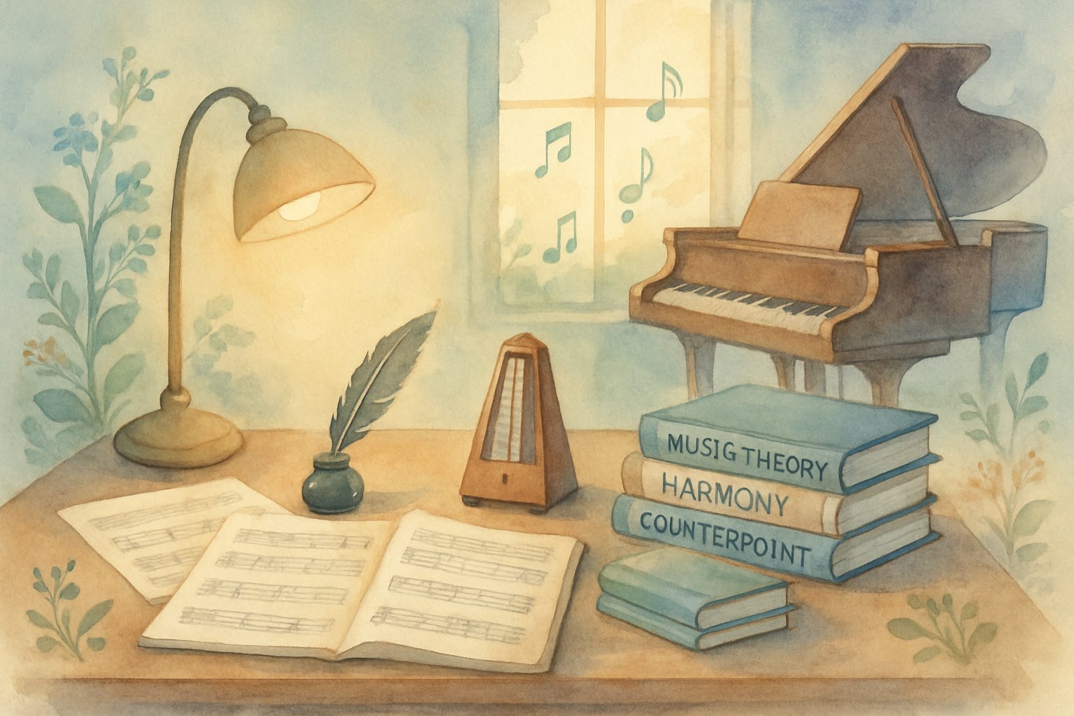 A cozy study space with a wooden desk holding music sheets, books, a metronome, and a grand piano near a window with sunlight streaming in.